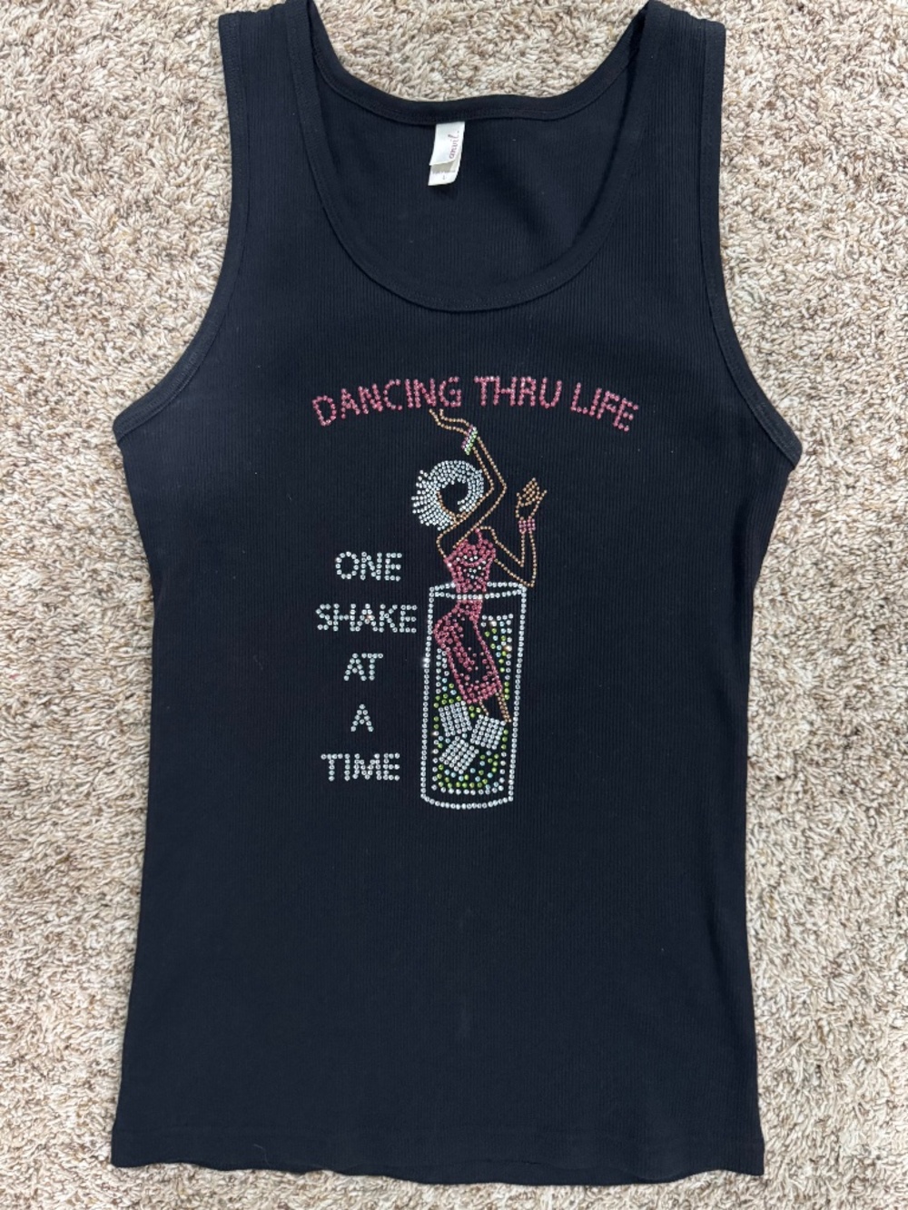 "Dancing Thru Life One Shake At A Time" crystal embellished black tank top Large